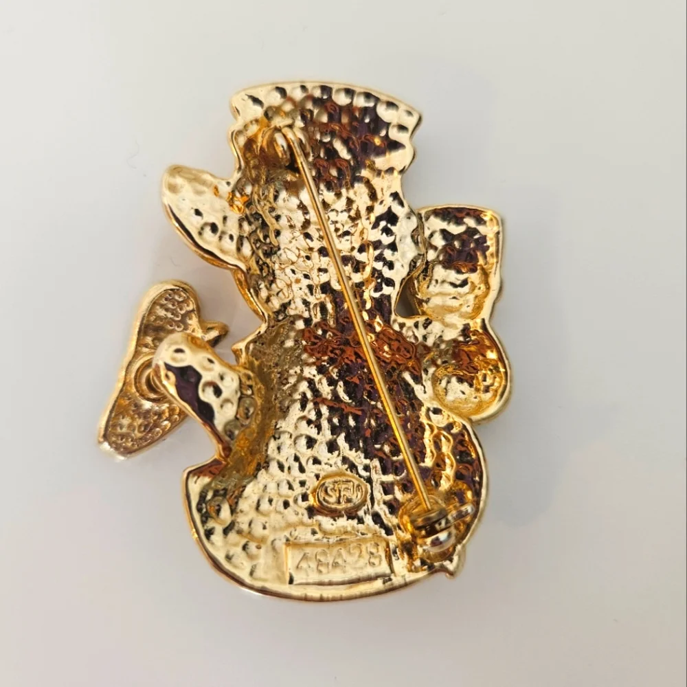 Snowman brooch/ pin sparkly, moving hand, gold toned, signed